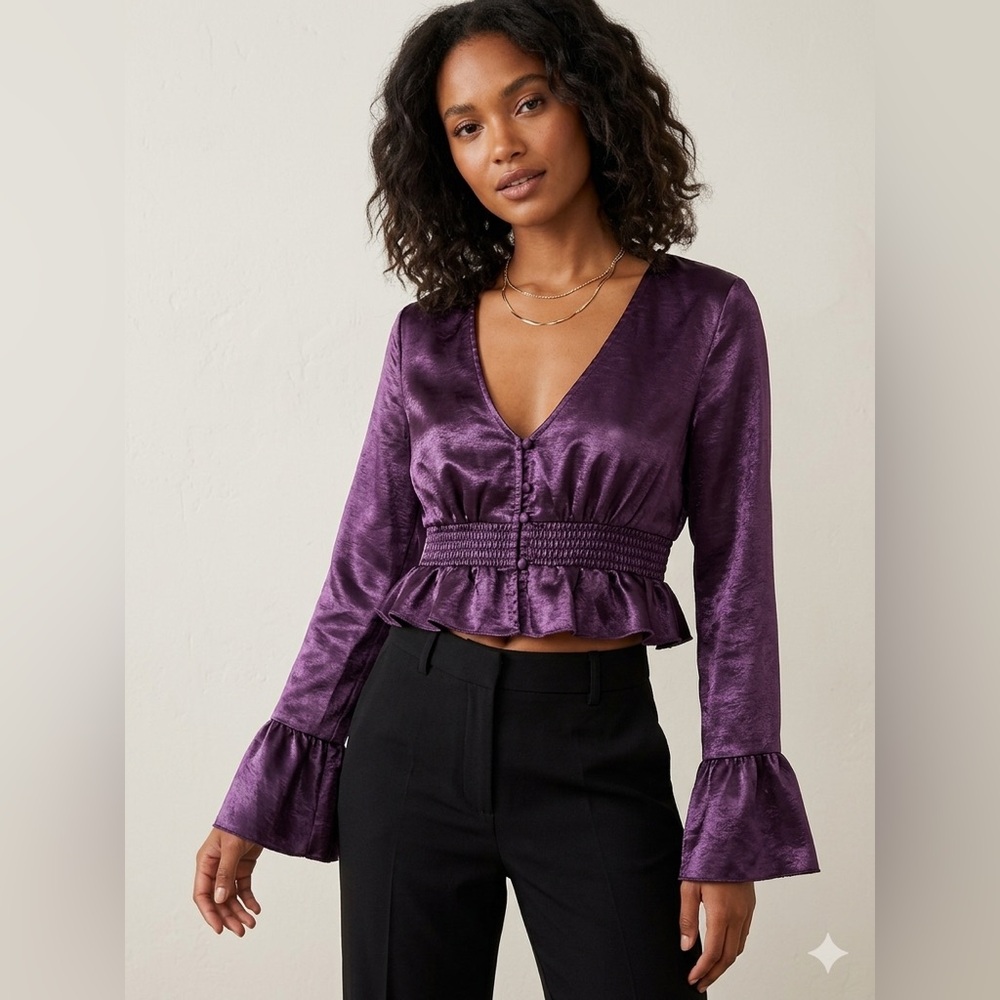 Free People Satin Plum V-Neck Smocked Peplum Blouse